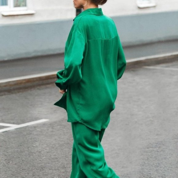 womens satin button down shirt and pant set chic classy trending green - Picture 2 of 5